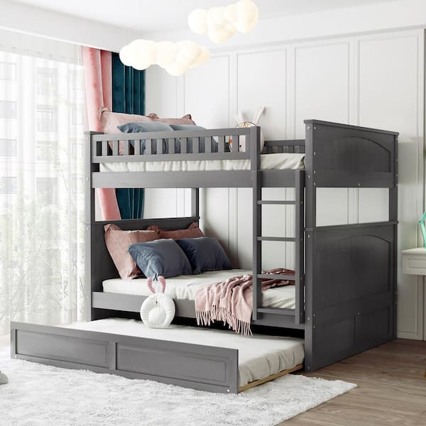 Full Over Full Bunk Bed with Trundle Safety Rail & Ladder, Detachable Wood Full Bunk Bed Frame ，	Gray