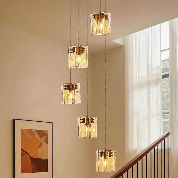 Contemporary 5-Light Amber Glass Globe Chandelier Modern Pendant Light for Kitchen Island Bedroom Entryway