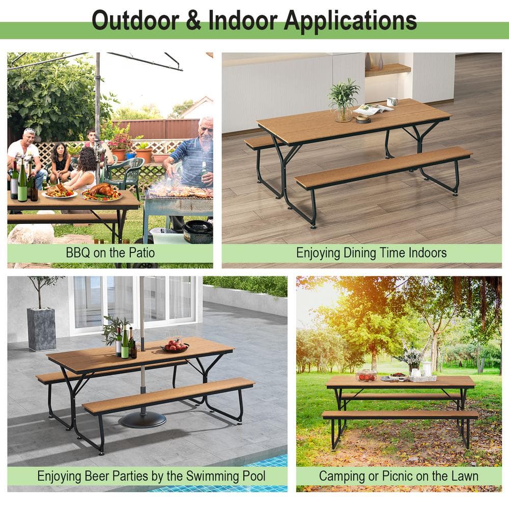 6FT Brown HDPE and Metal Outdoor Picnic Table Bench Set