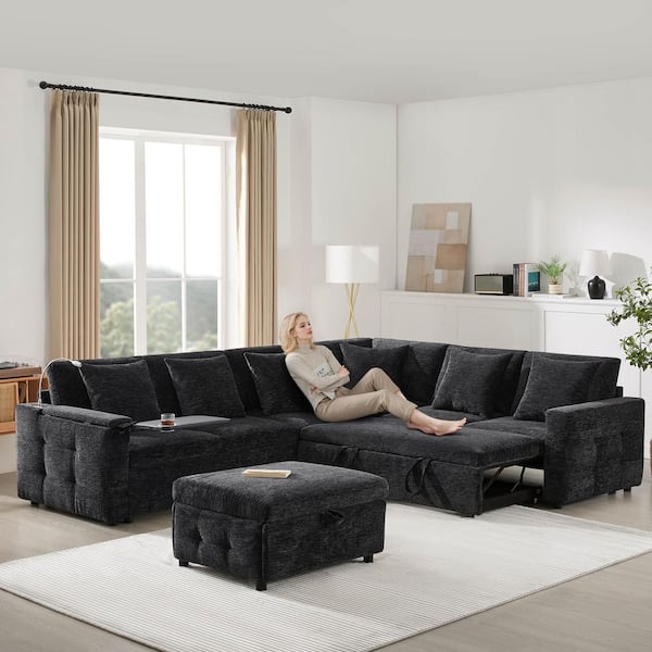 117 in. Modular Chenille Sectional Sofa Bed with Flip-up Table Panel, Reading Lamp, Charging Ports, Ottoman - Black