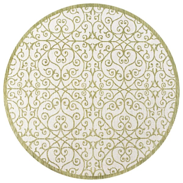Madrid Vintage Filigree Textured Weave Green/Cream 5 ft. Round Indoor/Outdoor Area Rug