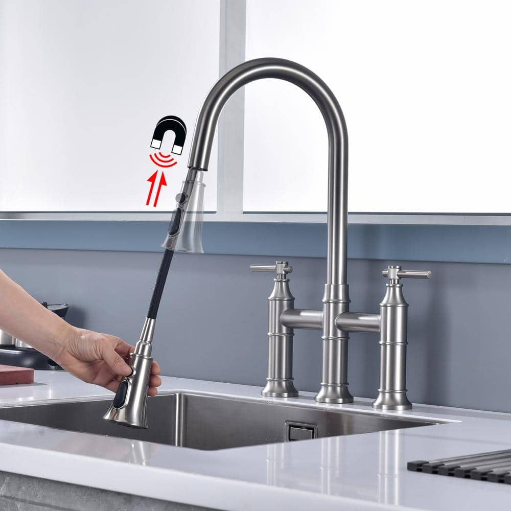 Brushed Nickel Double Handle Bridge Kitchen Faucet with Pull-out Spray