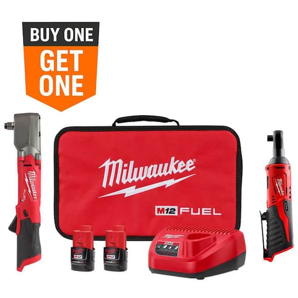 M12 FUEL 12V Lithium-Ion Brushless Cordless 1/2 in Right Angle Impact Wrench Kit w Two 2.0 Ah Batteries & 3/8 in Ratchet