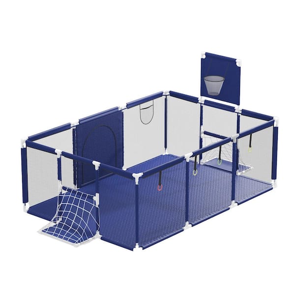 Kingdely Blue Portable Kids, Baby Toy Playard Kids Activity Center Infant Safety Gates with Basket, Football Net, Storage Bag