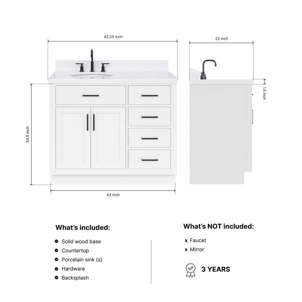 Sidmouth 42'' Solid Wood Single Bathroom Vanity with 1.5'' Carrara Quartz Top, Left Offset Oval Sink