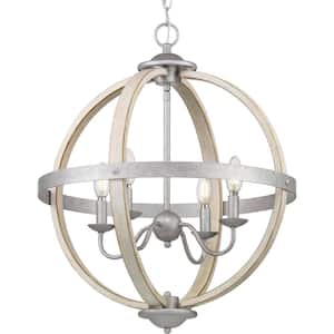 Keowee 19.88 in. 4-Light Galvanized Farmhouse Orb Chandelier Pendant with Antique White Wood Accents