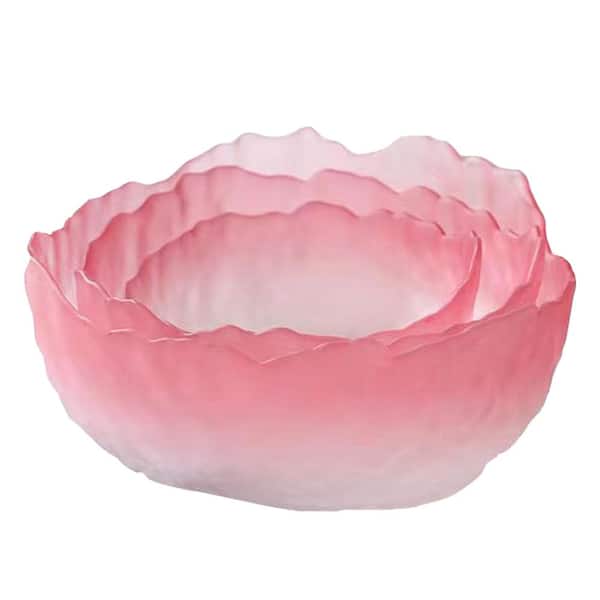 Set of 3 Glass Salad and Serving Bowls with Lotus Flower Shape in Crystal Gradient Pink, Large Medium