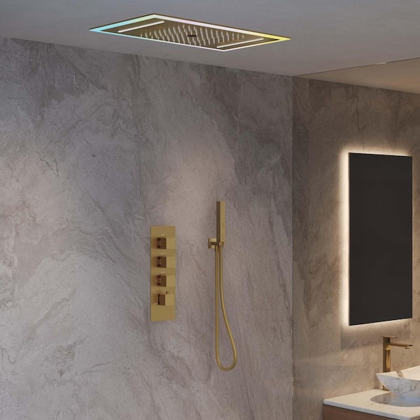 LED Shower System Kit 3-Spray Ceiling Mount 25 in. Fixed and Handheld Shower Head Bluetooth Music in Brushed Gold