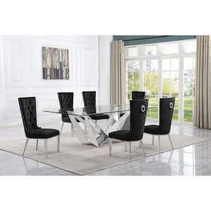 Meryl 7-Piece Rectangular Glass Top Stainless Steel Base Dining Set With 6-Black Velvet Fabric Stainless Steel Chair
