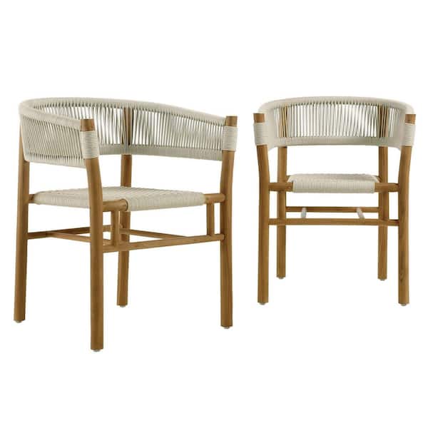 Vienna Outdoor Patio Teak and Rope Curved-Back Dining Armchairs Set of 2 in Natural Natural