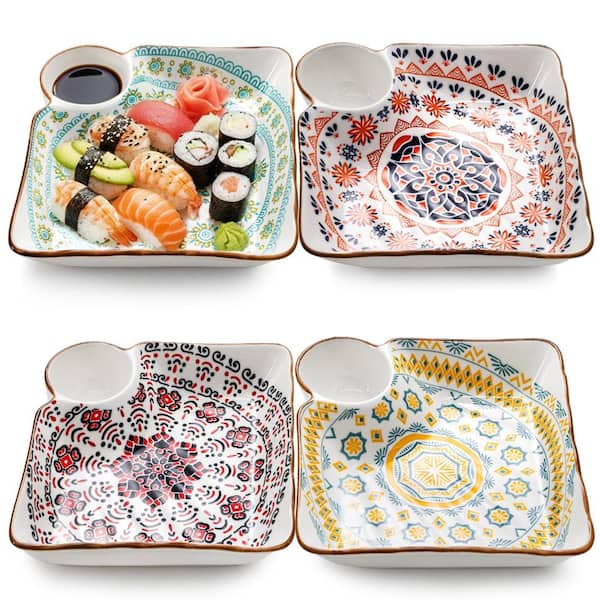 4-Pack Ceramic Dumpling Plates with Dipping Saucer, 7.3 in Square Serving Trays for Sushi and Appetizers