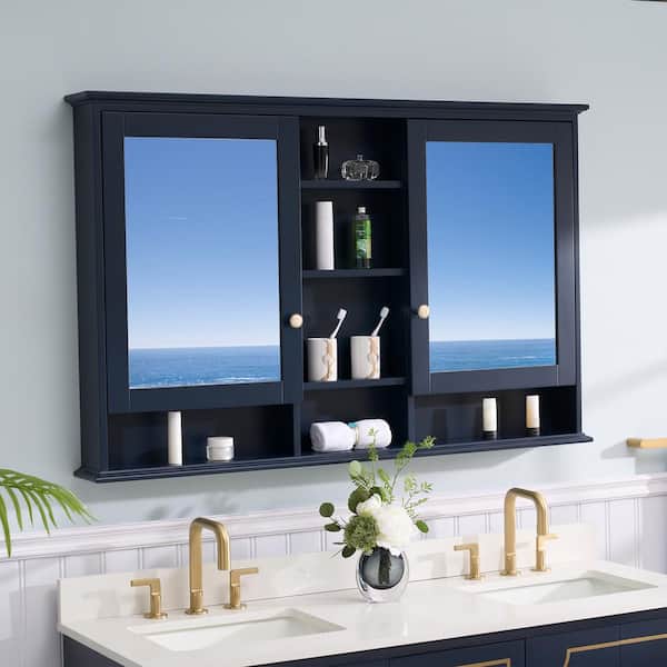 55 in. W x 35 in. H Rectangular Navy Blue Wood Surface Mount Medicine Cabinet with Mirror and Shelves,2 Soft Close Doors