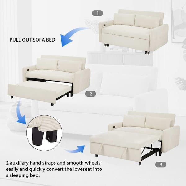 57.48 in. Square Arm Fabric Rectangle Sofa with Two Throw Pillows and USB Ports in. Beige