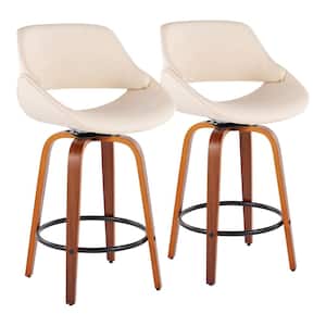 Fabrico 38 in. Cream Faux Leather and Walnut Wood High Back Counter H Bar Stool with Round Black Footrest (Set of 2)