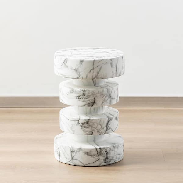 12 in. W Modern White MGO Faux Marble Floating Disks Side Table or Accent Stool