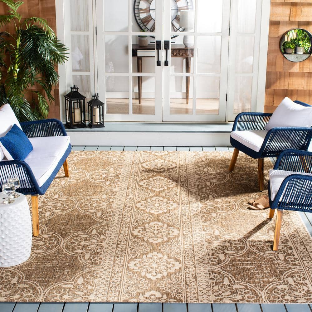 Cream and Beige Geometric Synthetic 4' Square Area Rug