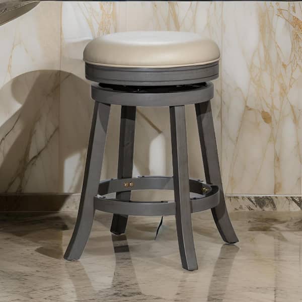 Benjara 24 in. Gray and Black Backless Wood Frame Bar Stool with Leather Seat