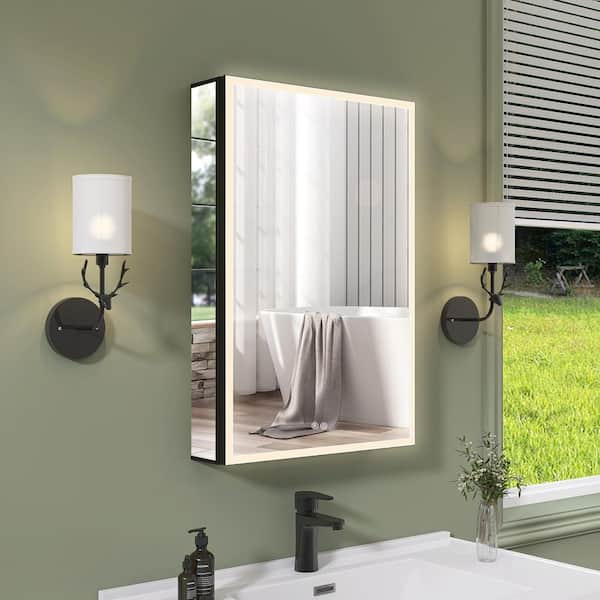 Getpro Lume 20 in. W x 30 in. H Rectangular Black Aluminum Recessed or Surface Mount Smart LED Medicine Cabinet with Mirror