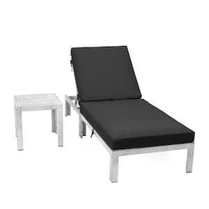 Chelsea Modern Weathered Grey Aluminum Outdoor Patio Chaise Lounge Chair with Side Table and Black Cushions