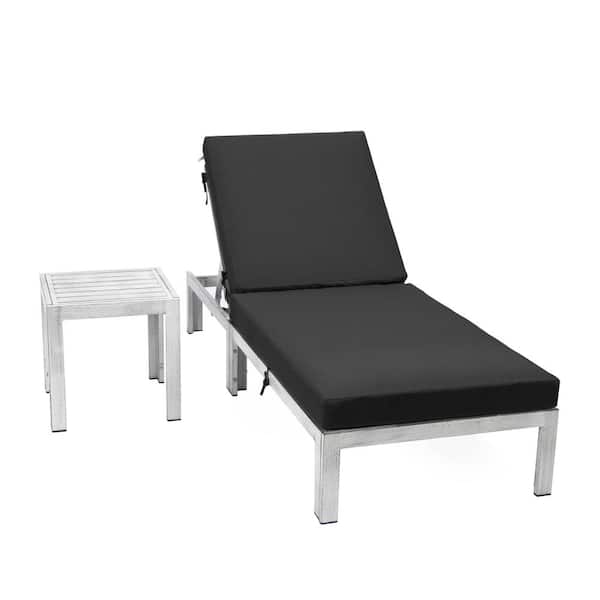 Leisuremod Chelsea Modern Weathered Grey Aluminum Outdoor Patio Chaise Lounge Chair with Side Table and Black Cushions