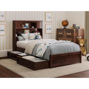 Hadley Walnut Brown Solid Wood Frame Twin Platform Bed with Panel Footboard and Storage Drawers