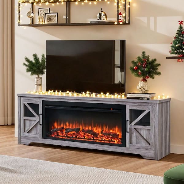 75 in. Freestanding Wood 44 in. Electric Fireplace TV Stand with 1400W Heat 5000 BTU Flame Remote CSA in Gray Wash