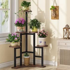 Wellston 43.7 in. Rustic Brown Round Wood Corner Plant Stand Indoor, 6 Tier Plant Shelf Flower Stand Tall Potted Plant