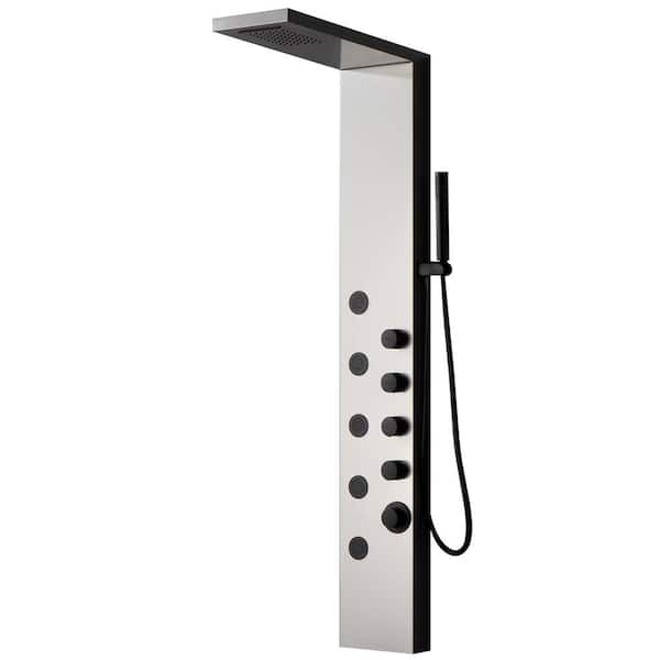 BWE 5-Jet Rainfall Shower Panel Tower System with Rainfall Waterfall Shower Head and Shower Wand in Black Nickel