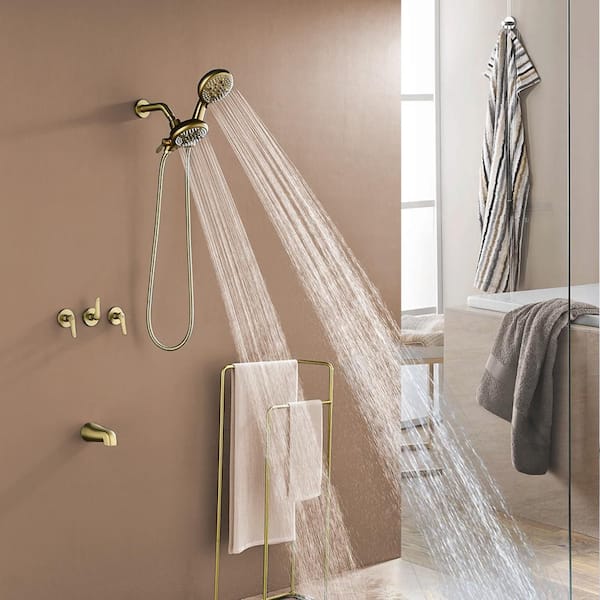 3 Handle 5-Spray Tub and Shower Faucet 2.5 GPM 4.72 in. Dual Shower Heads in Brushed Gold Valve Included