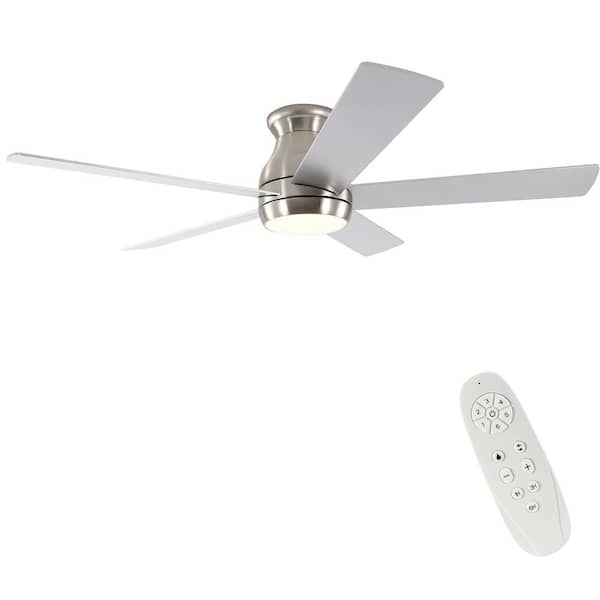 52 in. Indoor Integrated LED Light Flush Mount Brushed Nickel Ceiling Fans with Reversible Motor and Remote Control