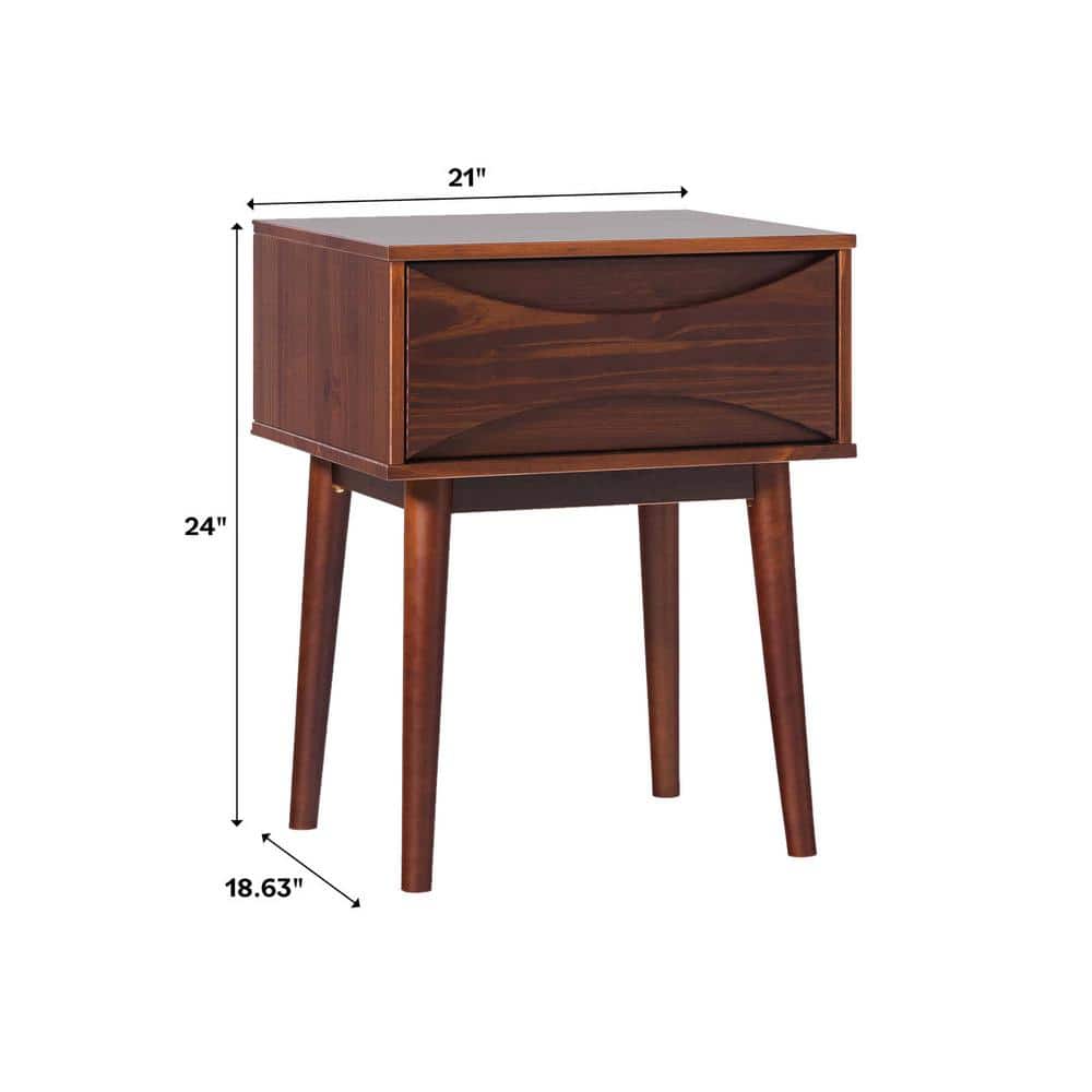 Walnut Solid Wood Mid-Century Modern 1-Drawer Nightstand