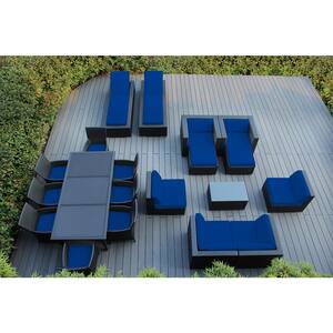 Black 20-Piece Wicker Patio Combo Conversation Set with Sunbrella Pacific Blue Cushions