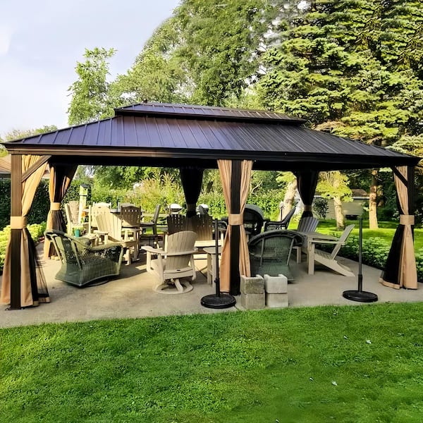 12 ft.x 20 ft.Bronze Aluminum Power-Coated Frame Galvanized Steel Double Roof Hardtop Gazebo,Hooks,Netting,Khaki Curtain