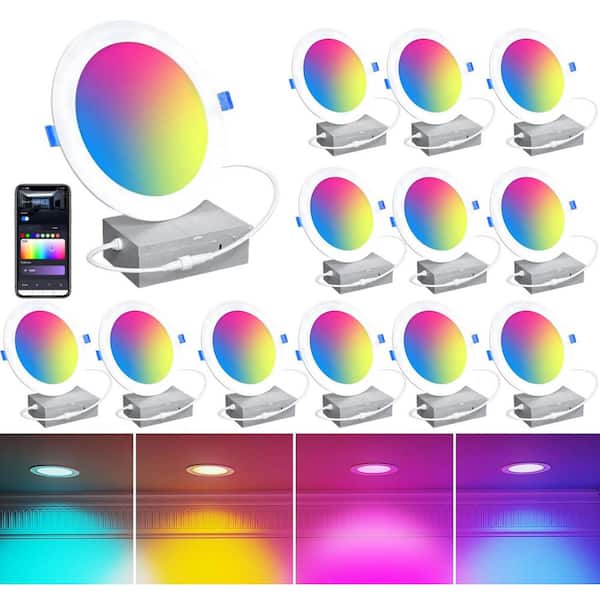 6 in. Ultra-Thin Smart 1320-Lumen Integrated LED Recessed Light RGBW Color Changing Wi-Fi Canless LED Downlight(12-Pack)