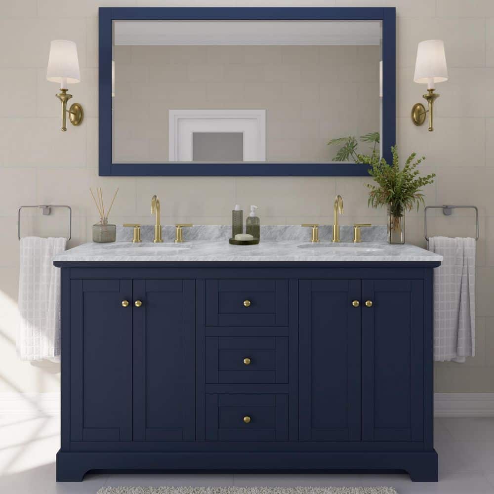 Avery 60 in. W x 22 in. D Bathroom Vanity in Dark Blue with Marble Vanity Top in White Carrara with White Basins price history on PriceWatchPro