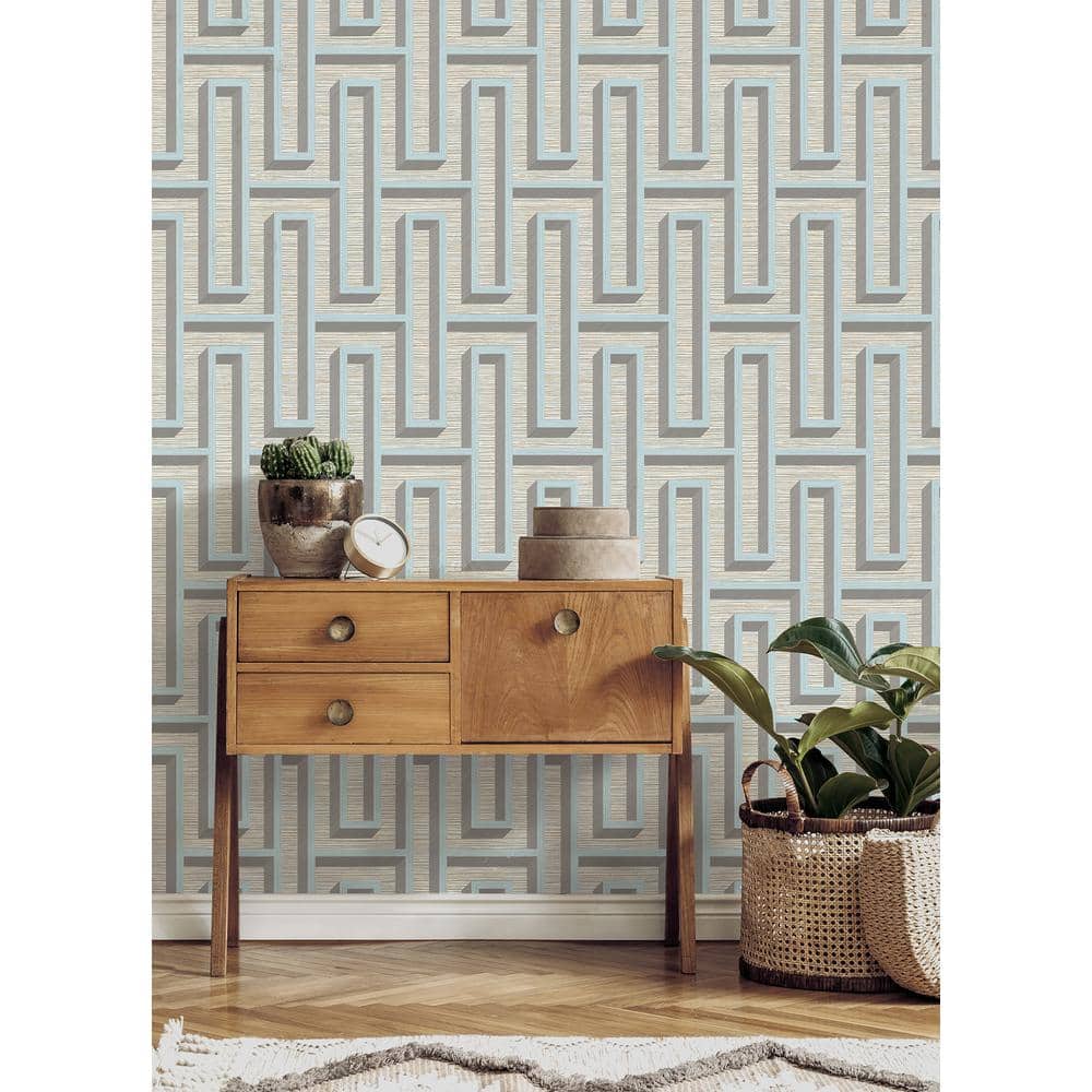 Henley Light Blue and Gray Geometric Grasscloth Wallpaper
