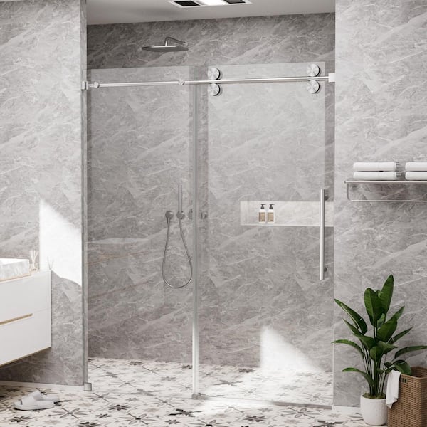 60 in. W x 80 in. H Single Sliding Frameless Shower Door in Brushed Nickel with Smooth Sliding and 3/8 in. Clear Glass