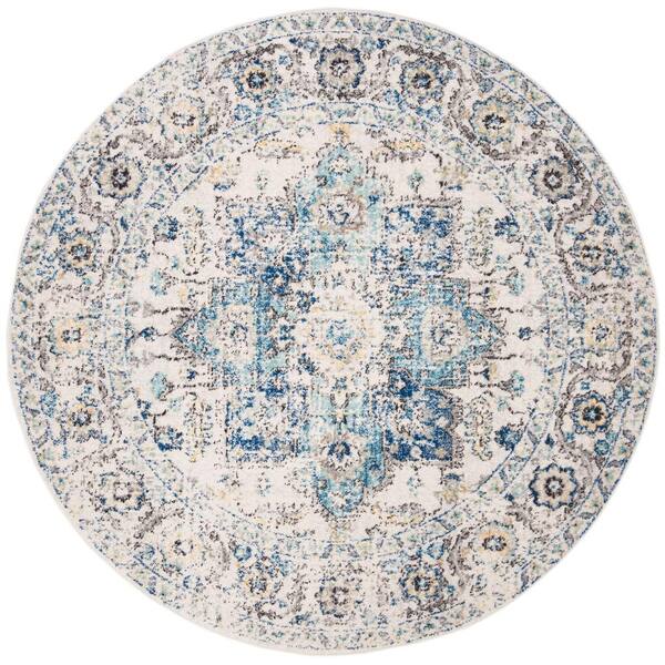 SAFAVIEH Madison Turquoise/Ivory 7 ft. x 7 ft. Distressed Border Round Area Rug