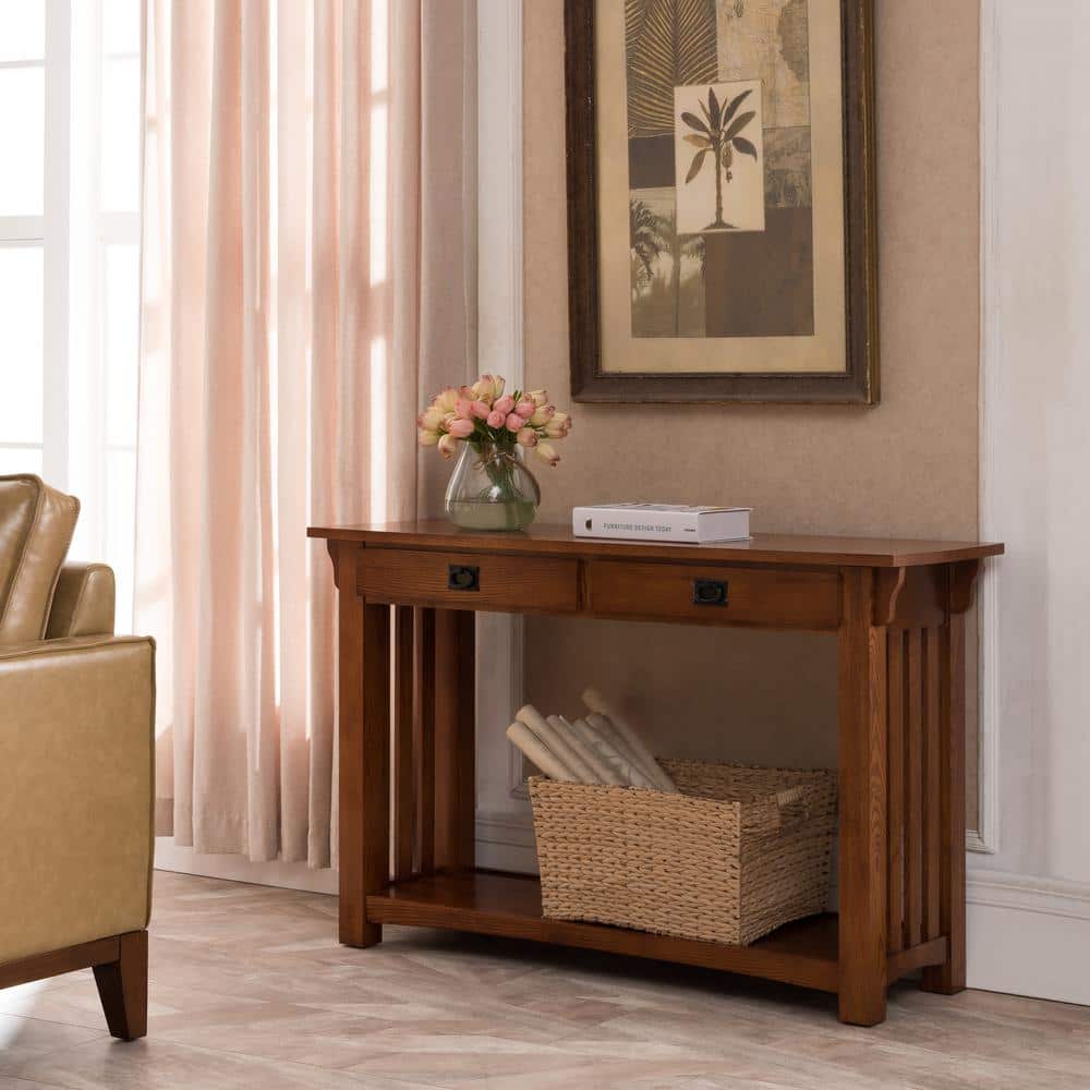 Mission Style Solid Oak Console Table with Storage Drawers