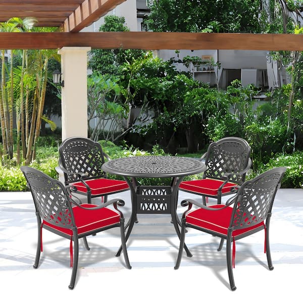 Willit Isabella 5-Piece Cast Aluminum Outdoor Dining Set with 35.43 in. Round Table and Red Cushions