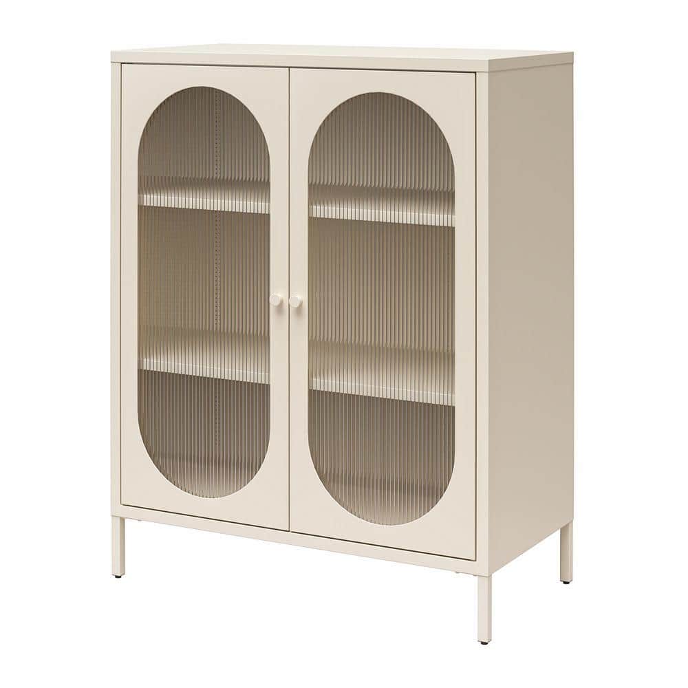 Parchment Metal Accent Cabinet with Fluted Glass Doors