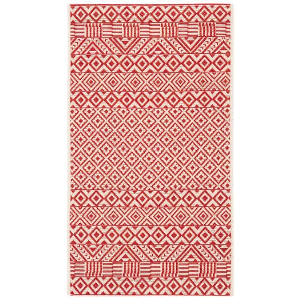 SAFAVIEH Courtyard Beige/Red Doormat 2 ft. x 4 ft. Tribal Striped Diamonds Indoor/Outdoor Area Rug