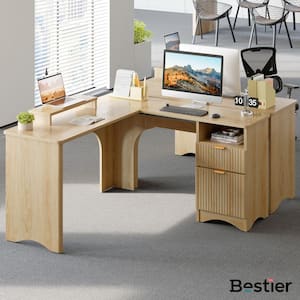 55 in. Log 2-Drawers L Shaped Computer Desk with Open Storage and Monitor Stand