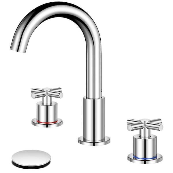 AKLFGN 8 in. Widespread Double Handle Bathroom Faucet 3 Hole Sink Faucet with 360 Rotation and Pop-Up Drain in Polish Chrome