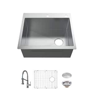 Professional 27 in. All in One Drop-In 16G Stainless Steel 2-Hole Single Bowl Kitchen Sink with Spring Neck Faucet