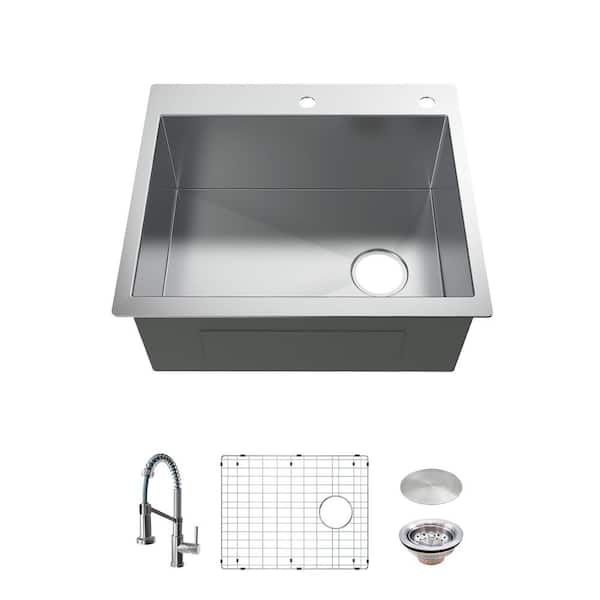 Glacier Bay Professional Zero Radius 27 in. Drop-In Single Bowl 16 Gauge Stainless Steel Kitchen Sink with Spring Neck Faucet
