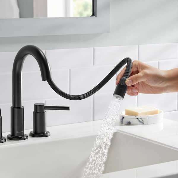 Dorind 8 in. Widespread Double-Handle Pull Down Bathroom Faucet in Matte Black