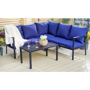 Black 6-Pieces Metal Patio Conversation Sectional Seating Set with CushionGuard Blue Cushions