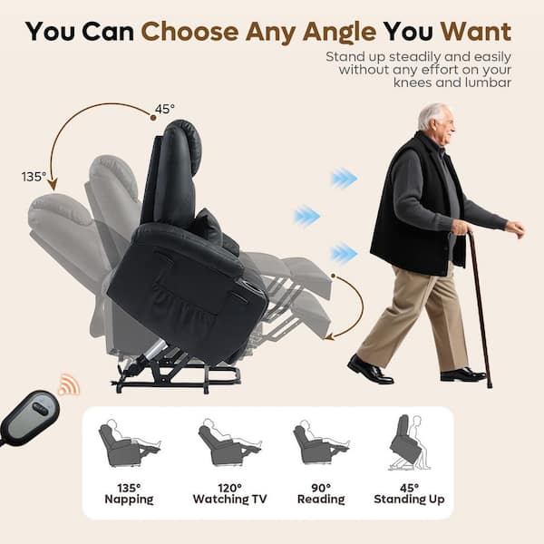 38 in. W Black Power Lift Recliner Chair with 8-Point Massage and Heating,Living Room Chair with Pillow and Side Pockets