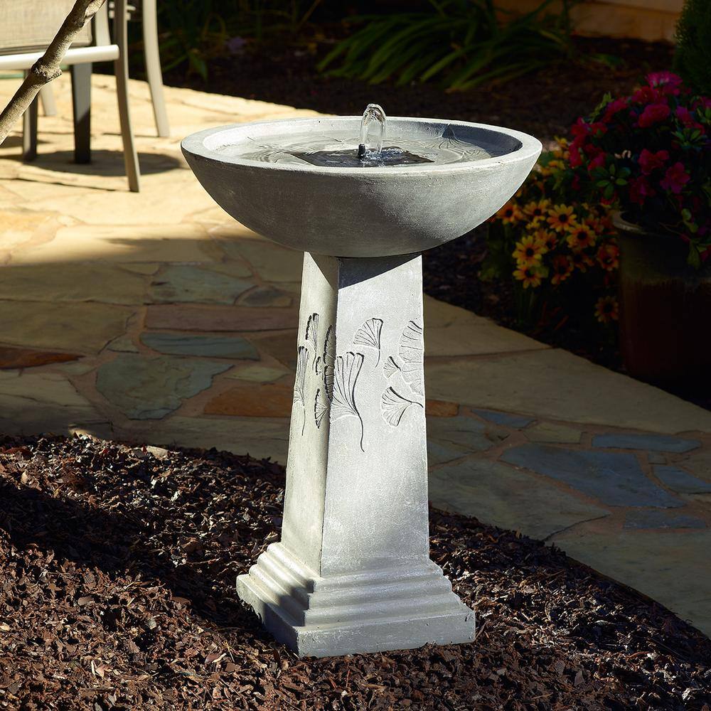 Ginkgo 27" Gray Concrete Solar Birdbath with Remote